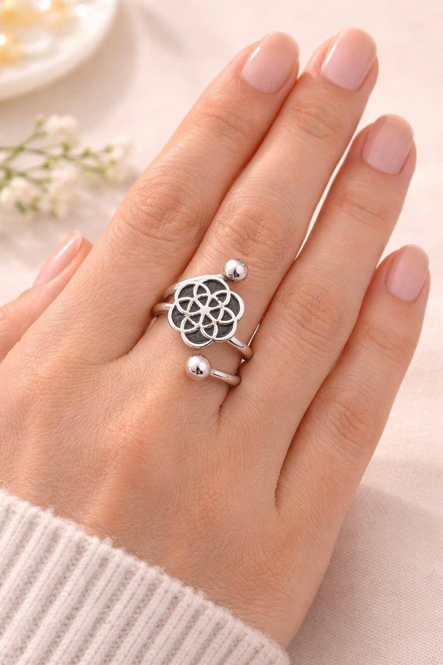 Peruvian 950 Silver Spiral Ring, Black Seed of Life Universal Blossom Size 7 New
